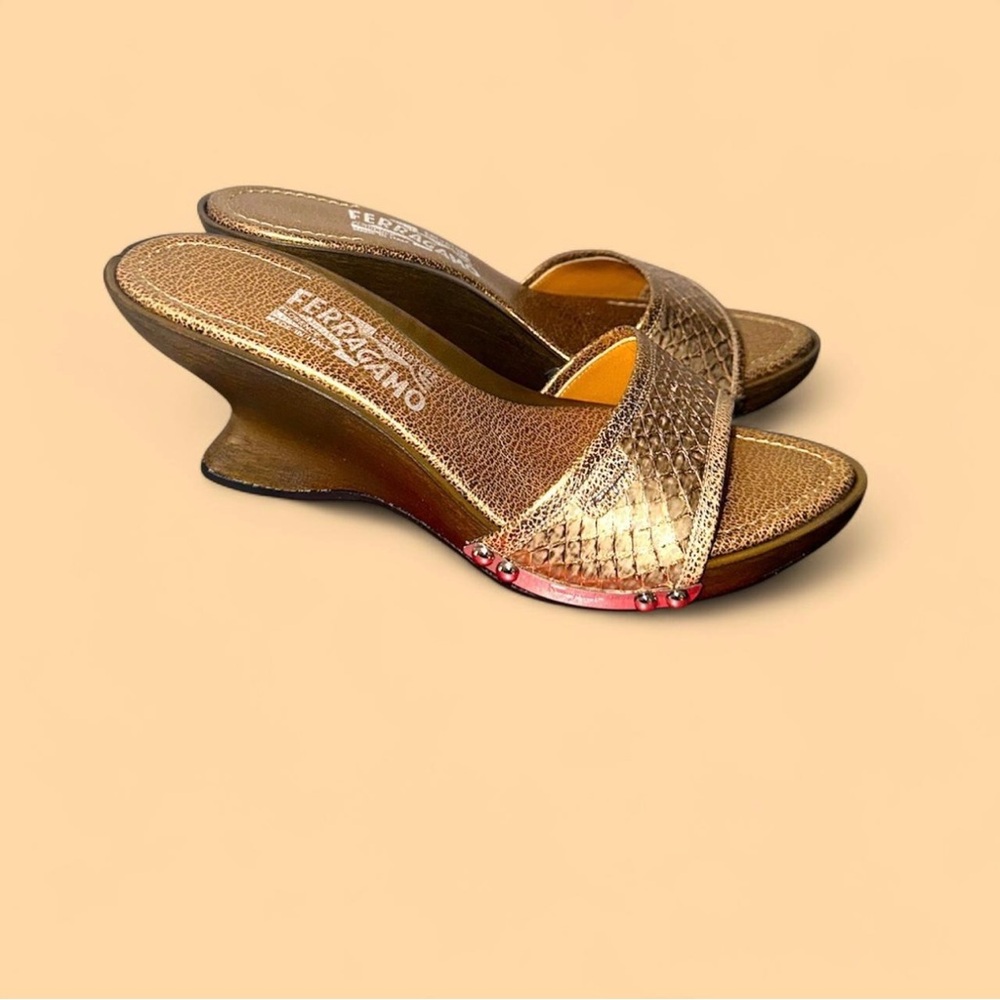 Salvatore Ferragamo Bronze Gold Andalusia Wedge Sandals 🐍